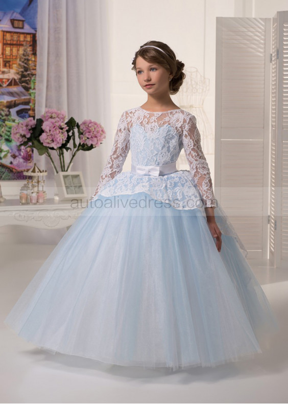 Ivory Lace Sky Blue Tulle Corset Back Floor Length Flower Girl Dress